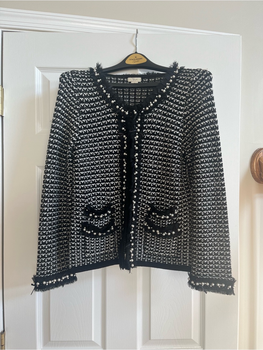 Black & White Tweed Pearl Trim Cardigan